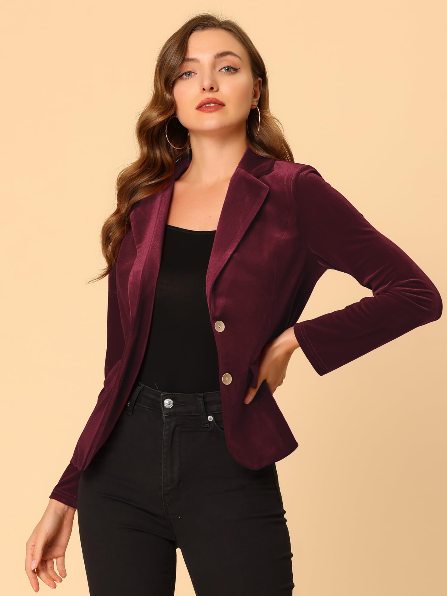Allegra K Blazer vintage en velours boutonné sur le devant pour femme, rouge foncé, Medium