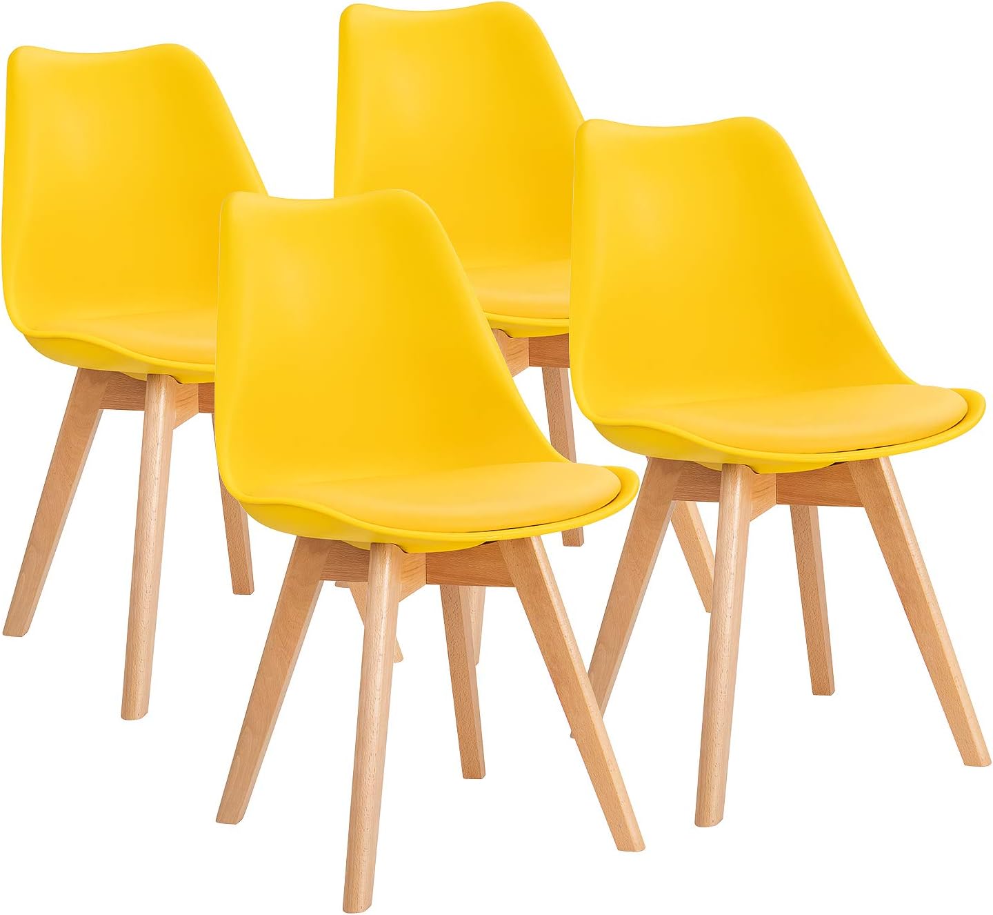 FurniwellDining Chairs Mid Century Modern DSW Chair Upholstered Side Kitchen Chairs with Wood Leg and Soft Padded Cushion Shell Tulip Chairs For Kitchen, Dining, Bedroom, Living Room Set of 4(Yellow)