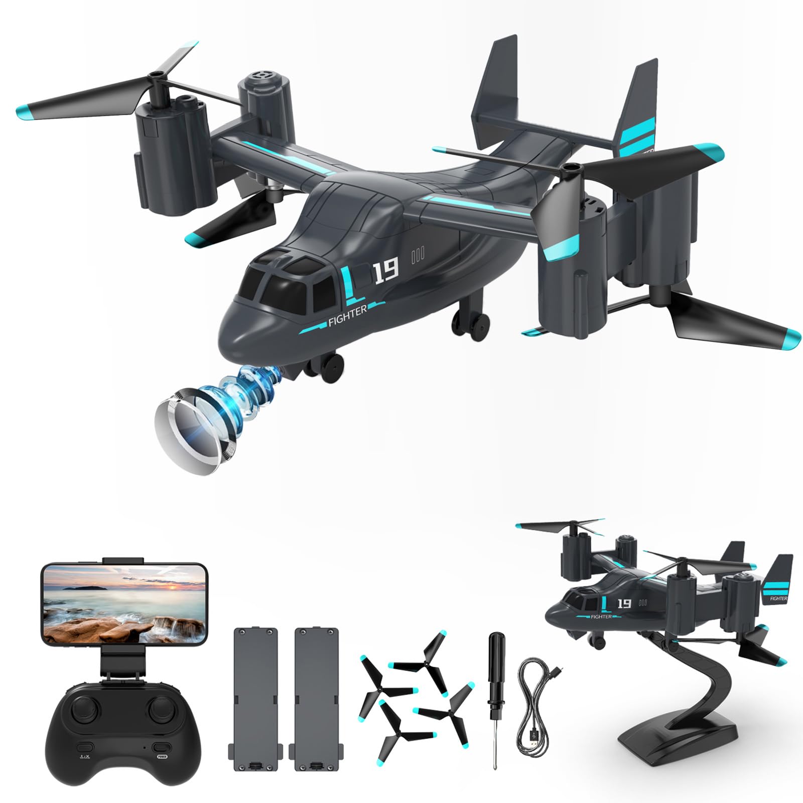 OBEST Hélicoptère Osprey Radiocommandé avec Caméra,Drone avec Caméra,Mode de Vol à Voile,Photographie Aérienne à Double Caméra,Décollage/Atterrissage en Un Clic,Deux batteries