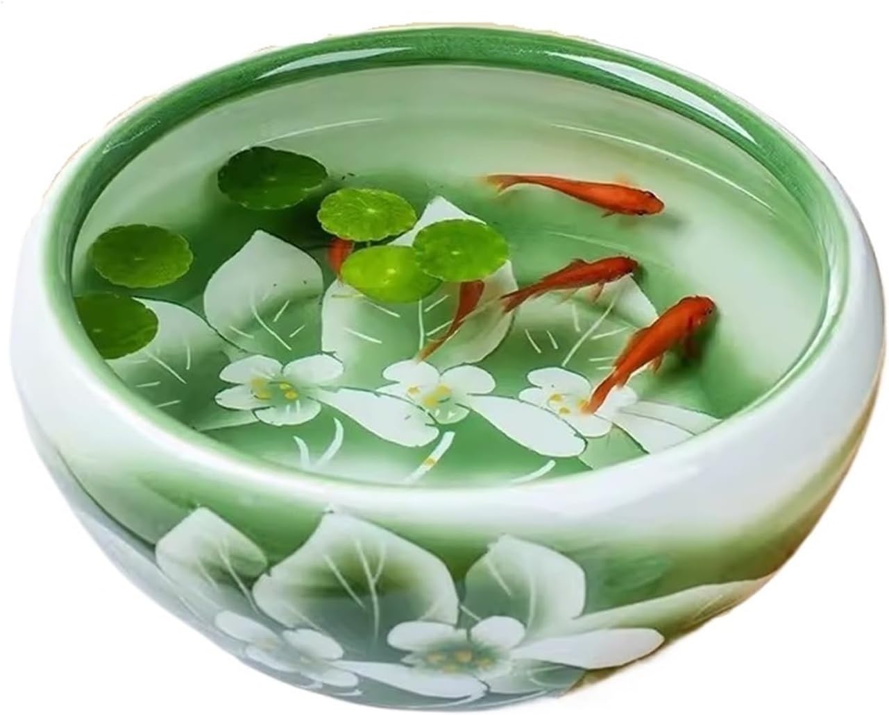 Aquariums Fish Bowl Hand-Painted Green Lotus Finish Ceramic Fish Tank Desktop Fortune Goldfish Turtle Feeding Tank Ceramic Round Planter Fish Tanks(41x41x17cm)