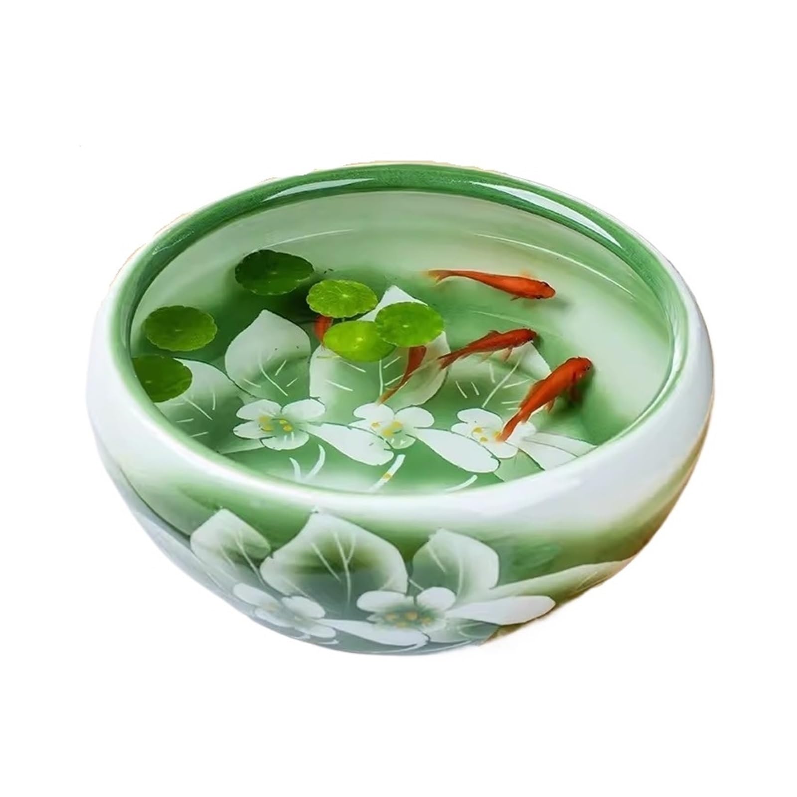 Aquarium Réservoir de poissons en céramique peint à la main avec finition lotus vert Réservoir d'alimentation for tortues de poissons rouges Fortune Pot de fleurs rond en céramique Bac à Poisson(32x32