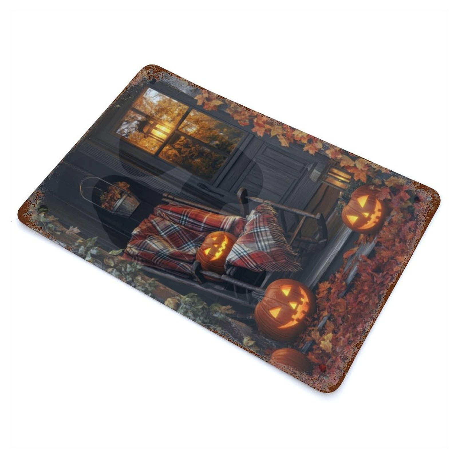 Halloween Porch with Jack-o-Lanterns Rustic Tin Plaque 11.8"x7.9", Novelty Wall Decor for Garage, Pub Or Kitchen