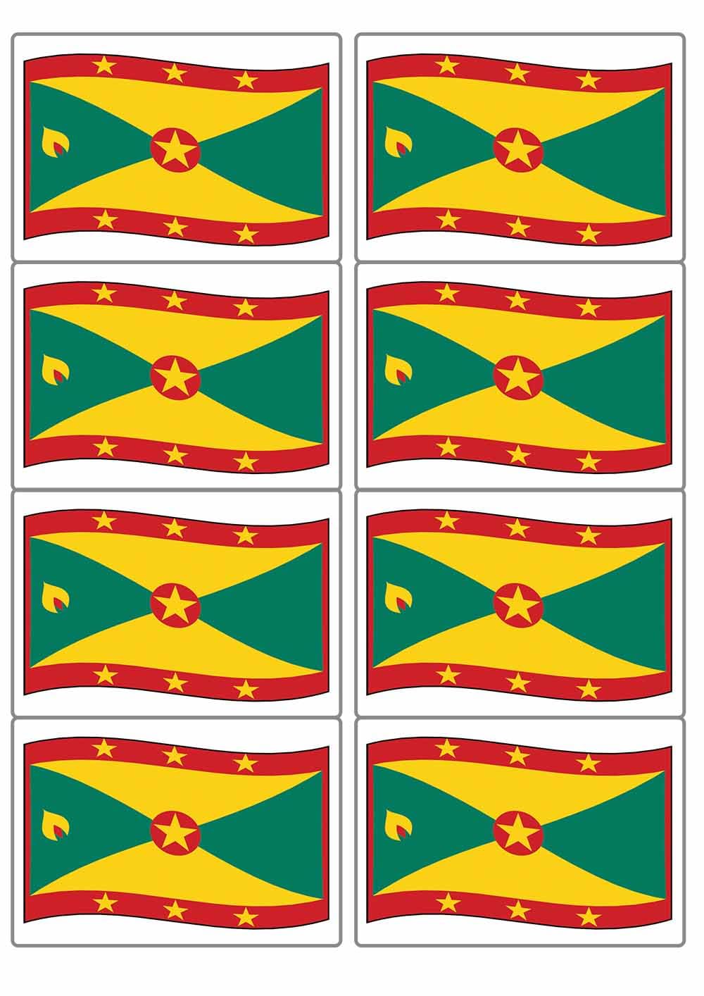 Grenada National Flag Rectangular Matt Paper Stickers A4 Sheet of 8 (Each Sticker is 99mm x 68mm) (Flapping)