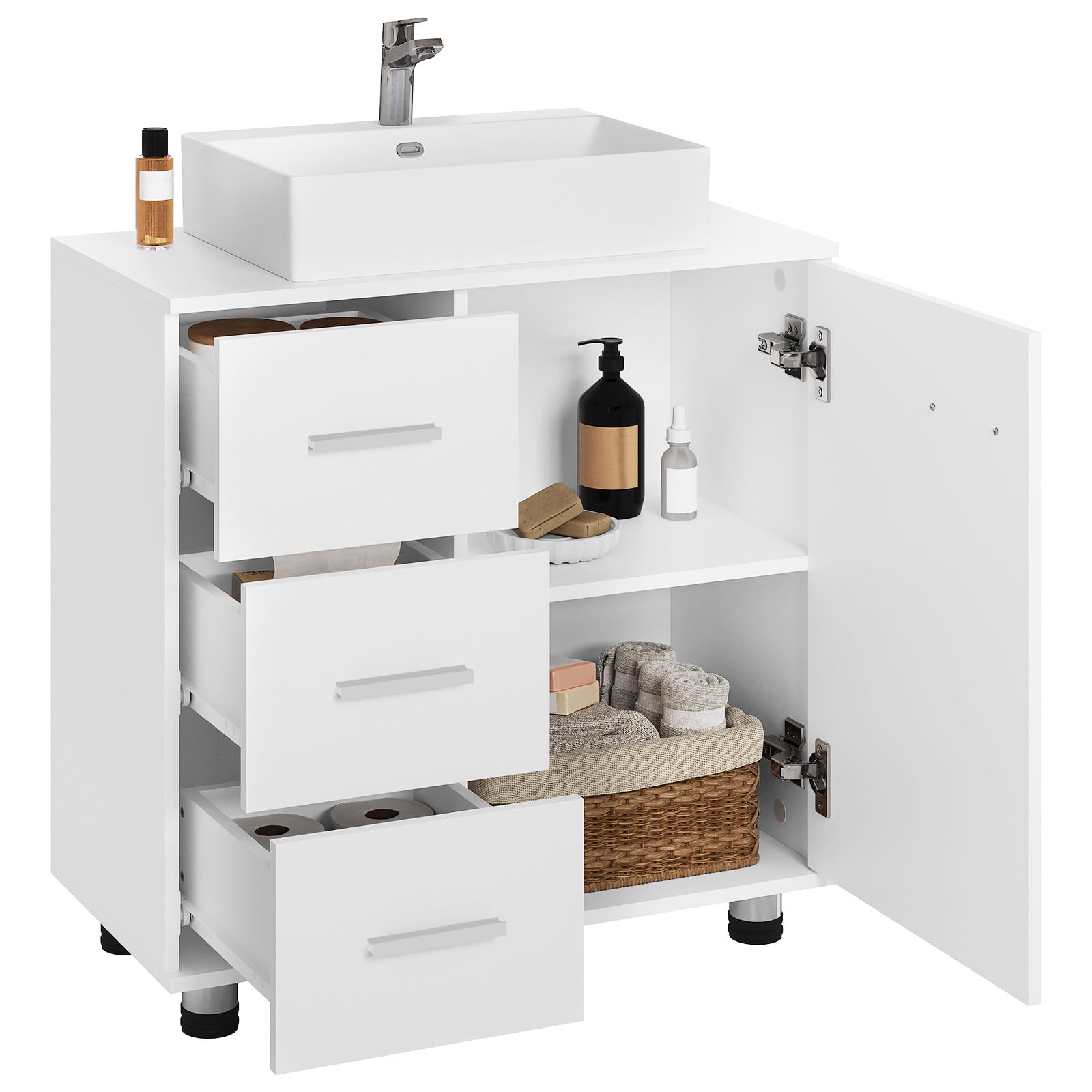 EUGAD Waschbeckenunterschrank, Badezimmerschrank mit 3 Schubladen, 2 Fächer hinter Tür, verstellbare Ablage, Badezimmer Unterschrank, Waschtischunterschrank weiß, 60x60x30 cm