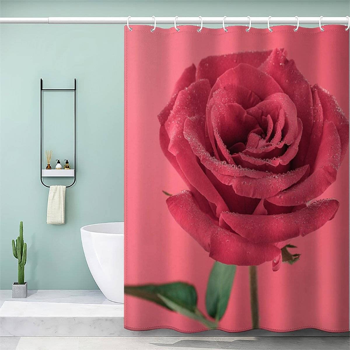 AOLIGL Beautiful Roses Shower Curtain 180x200cm Flower Red Shower Curtains Quick-Drying Waterproof Shower Curtains Mould Proof Resistant With 12 Hooks and Weighted Hem