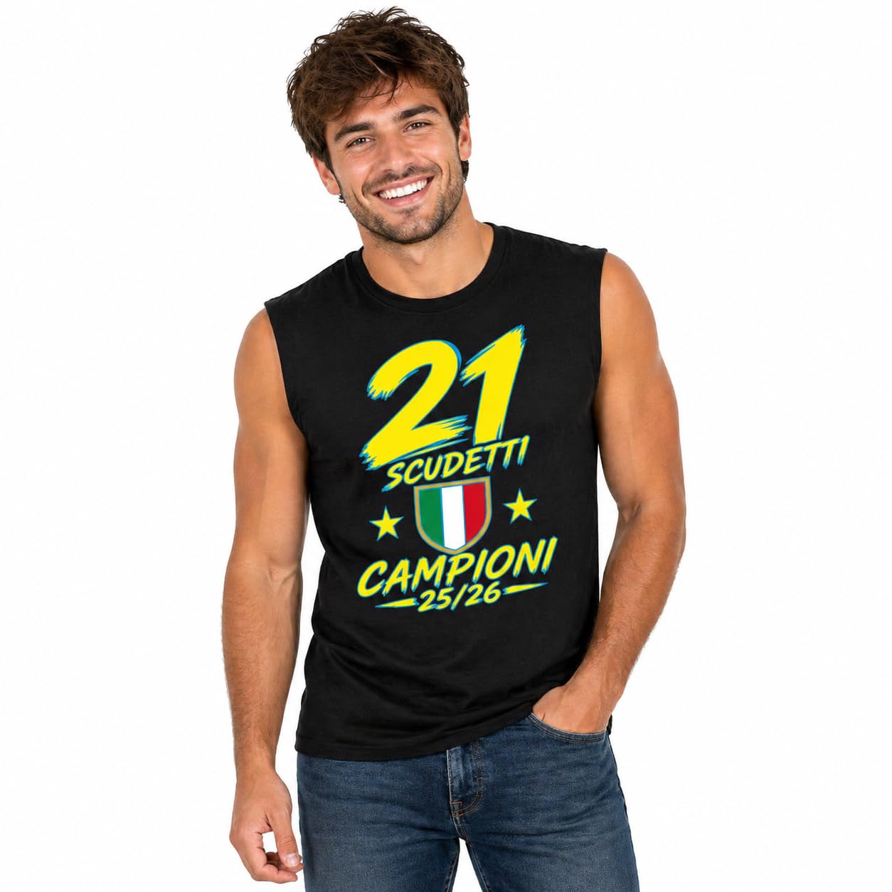 T-Shirt Smanicata Internazionale Campioni d'Italia Seconda Stella 21 Scudetti Tifosi Nero Azzurri | Canotta Unisex Cotone Scudetto Nero Azzurro PS 29999-INT12