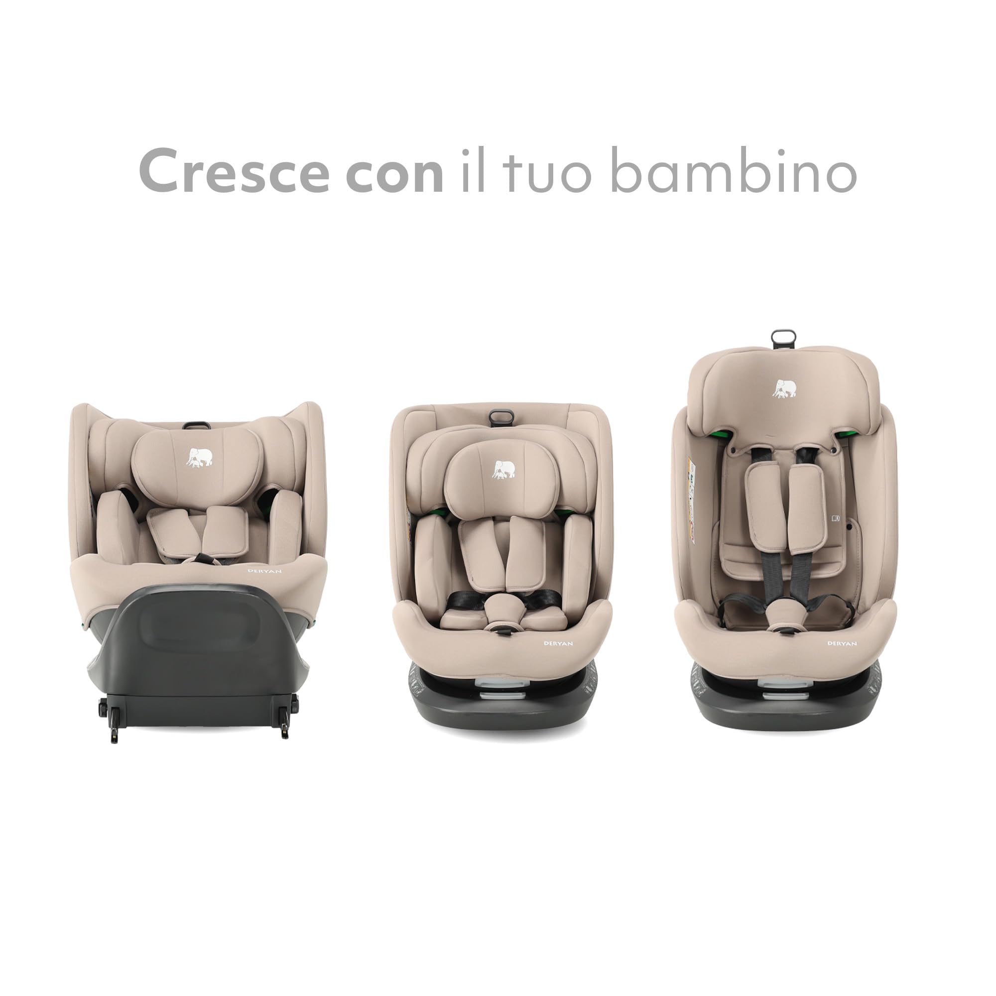 Deryan Cassie i-Size Rotazione 360, Seggiolino Auto 40-150 cm, 0-12 anni (0-36 kg), ISOFIX con Top Tether, Seggiolino Reclinabile 6 Posizioni, 10 Posizioni Poggiatesta, Tessuti Traspiranti (Torrone)
