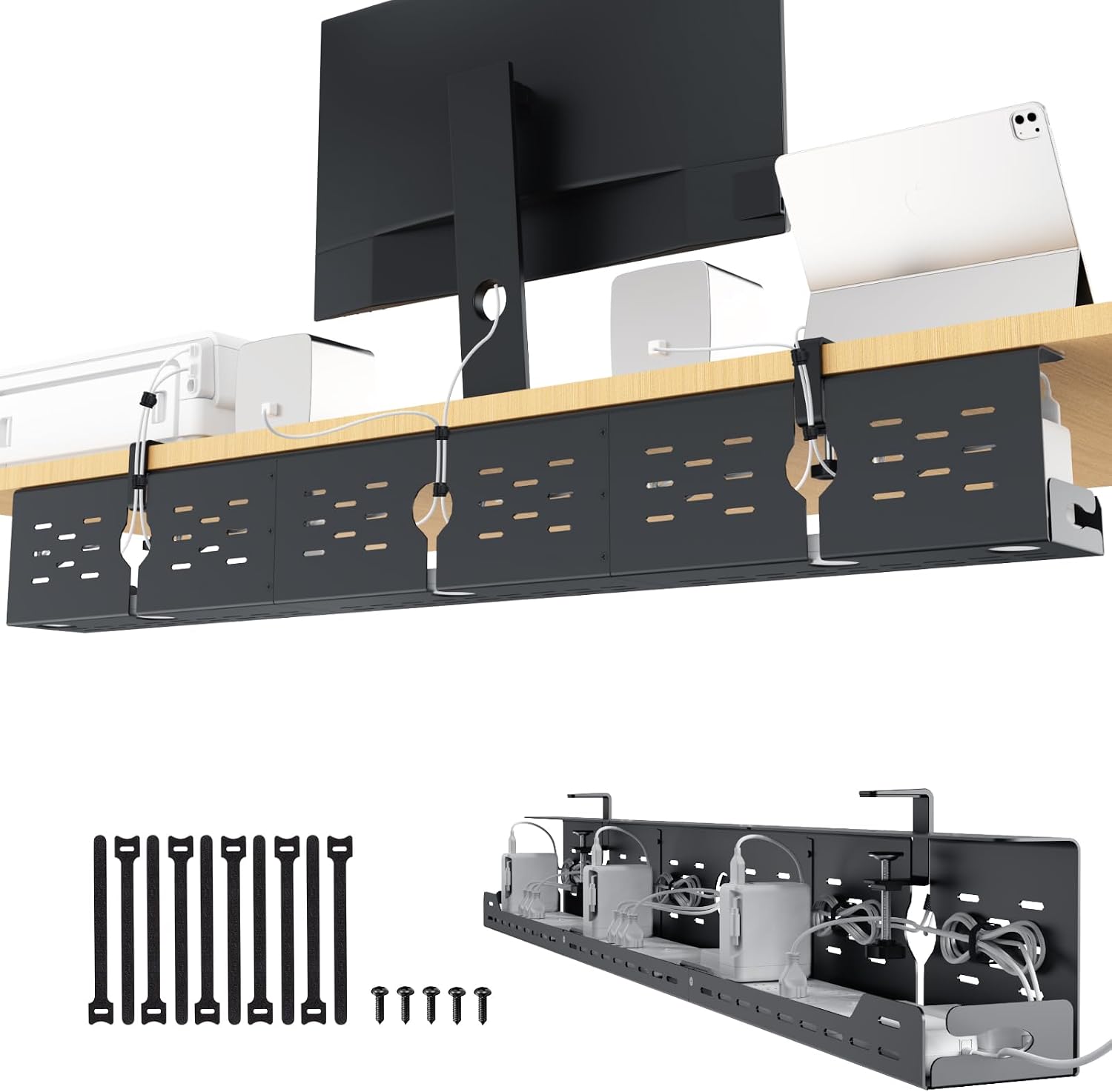 Univivi Under Desk Cable Management Tray, Cable Management, 48 inch, Black
