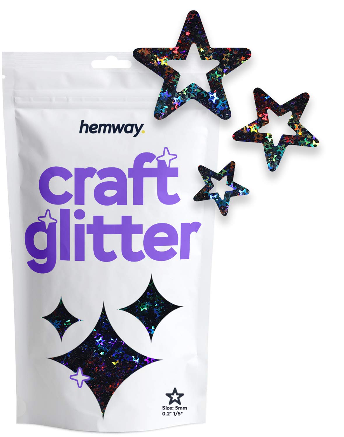 Hemway Craft Glitter Hollow Star Shape, 50g, Black Holographic, Hollow Star - Black Holographic, 50g / 1.8oz