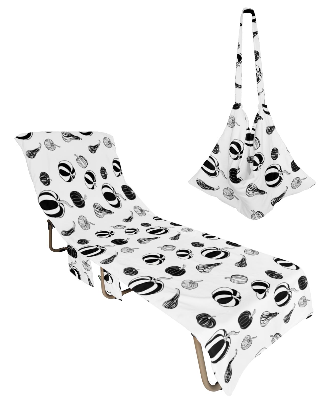Minimalist Pumpkin, Beach Lounge Chair Towel Cover, Soft Chaise Lounge Towel with Side Pockets Patio Pool Chairs Cover for Beach/Pool Sunbathing 29x85 Geometric White Black Fall Thanksgiving