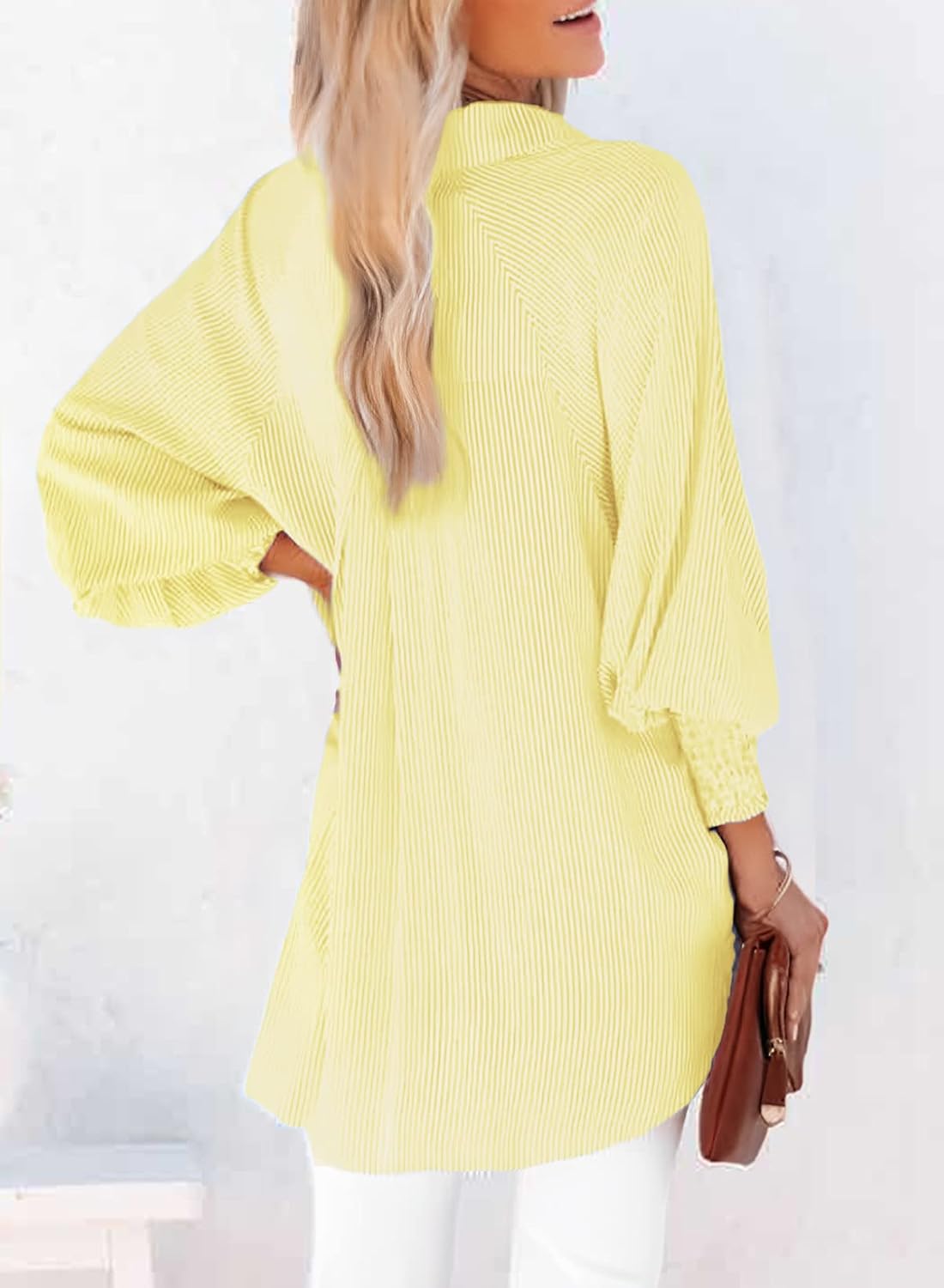 Womens Smocked Cuffed Striped Boyfriend Shirt Casual Collar Long Sleeve Oversized Button Down Blouse Tops with Pocket Shirred - Image 2