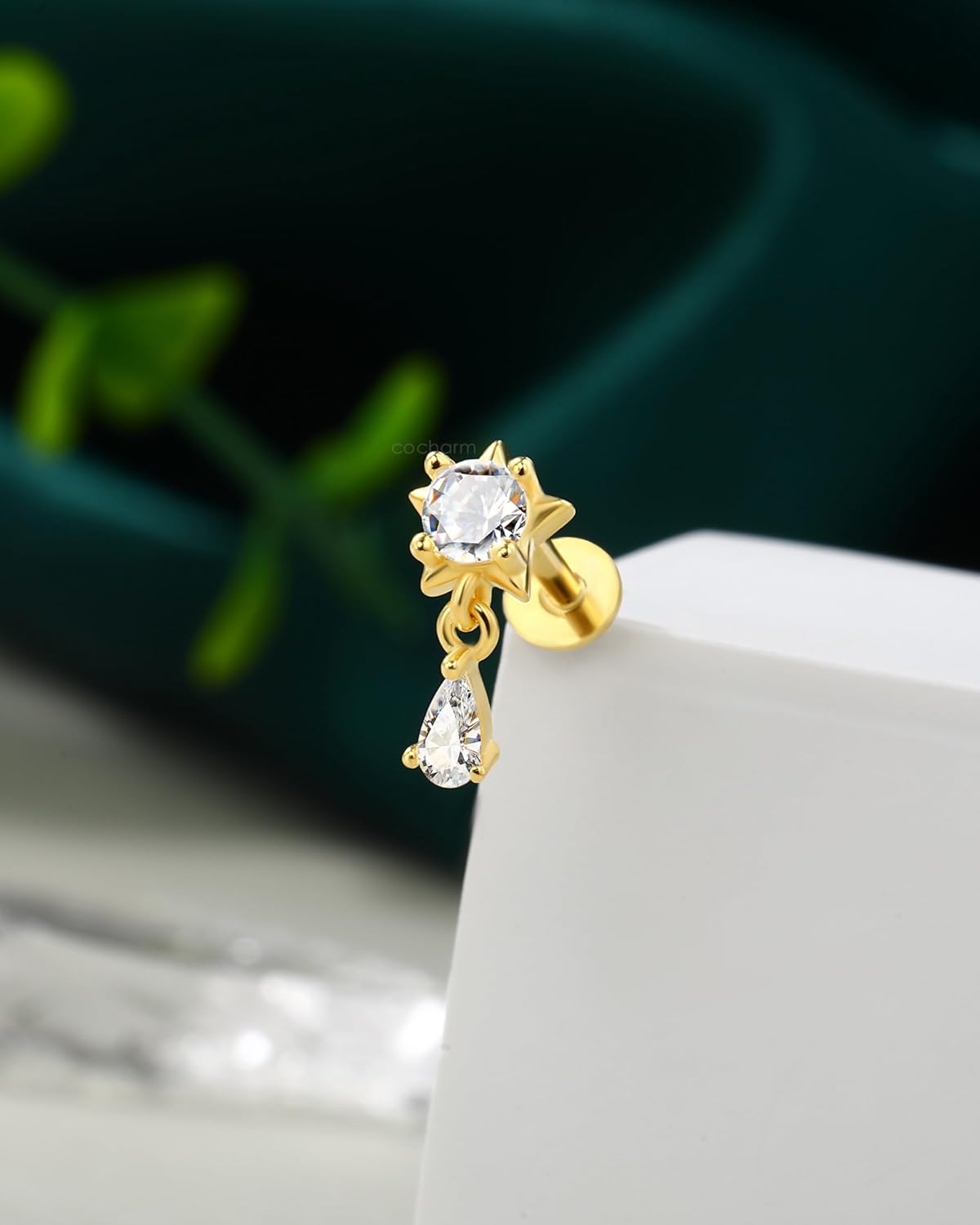 COCHARM 14K Gold Plated Cartilage Earrings Stud 16G Dangle Star 925 Sterling Silver Helix Tragus Earrings Surgical Steel Flat Back Earrings Dangly - Image 5