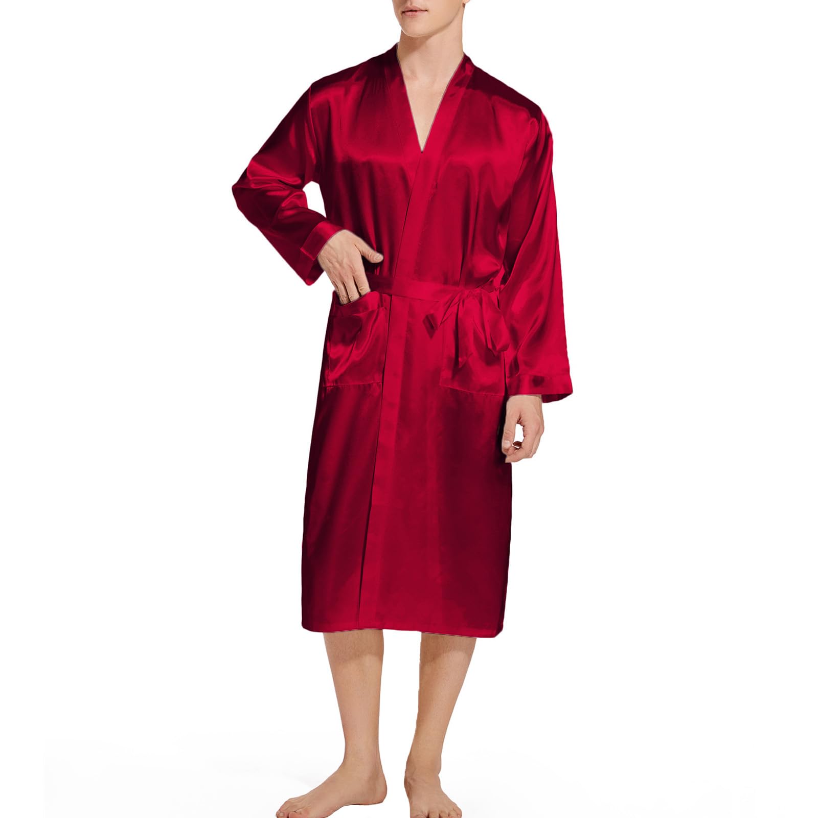 ZUEVI Men's Kimono Robe Silk Satin Long Sleeve Spa Bathrobe Lightweight Soft Silky Pajamas Robes