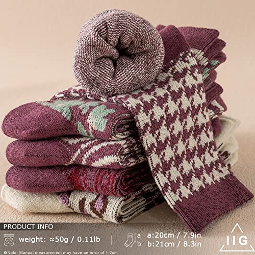 Image of IIG 5 Pairs Womens Pretty Vintage Wool Socks Unique Print Design Soft Cozy Warm Crew Socks Christmas Gift