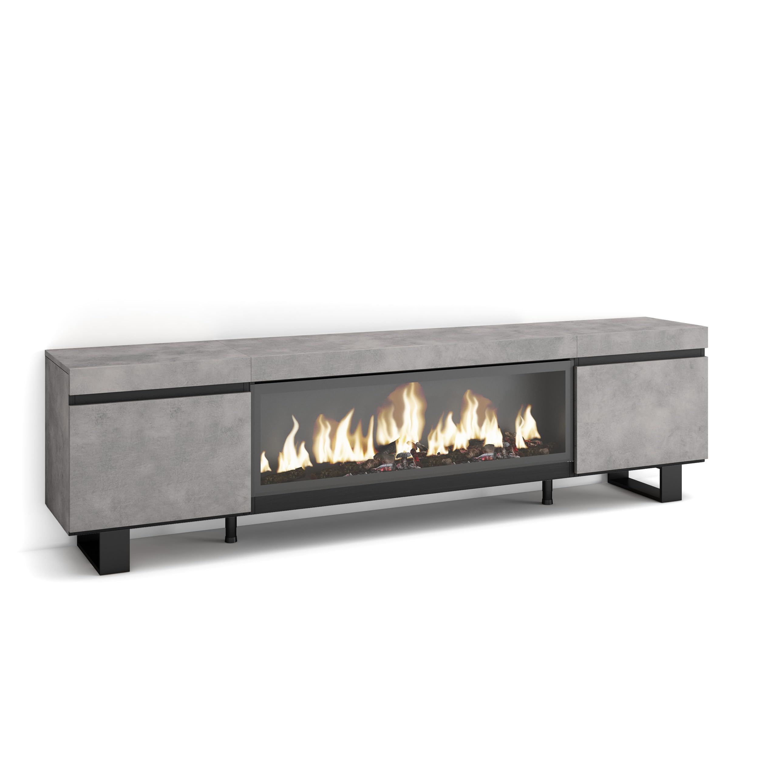 Grand meuble TV Skraut Home 210 cm finis les câbles visibles grâce au grand rangement ciment