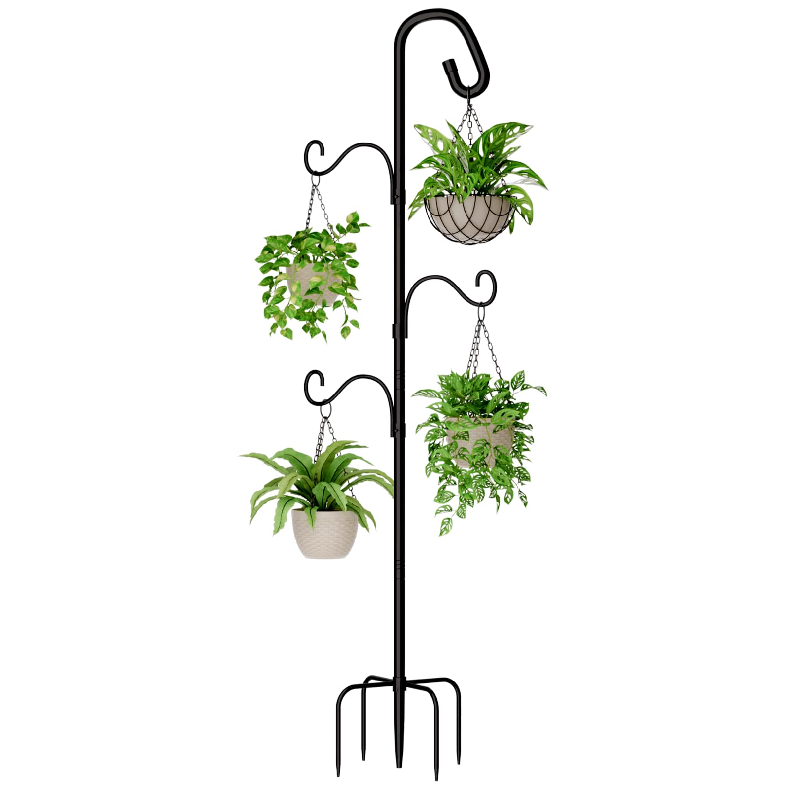 Bamworld Gancho de Pastor para Exterior 160cm Gancho de Pie Metálico con 3 Ganchos Ajustables y Base Estable de 4 Patas Para Macetas Colgantes, Plantas, Faroles, Patio, Jardín y Decoración