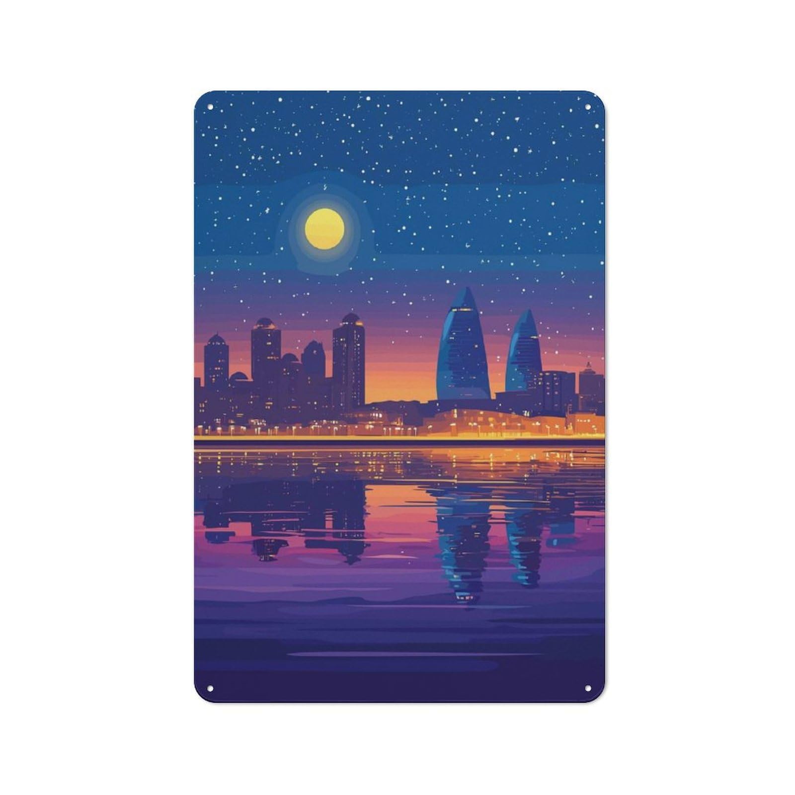 Junmoney Night Cityscape Reflection Tin Wall Plaque 30X20cm With For Home Bar Wall, For Kitchen And Home Bar Decor, For Home Office And Studio Walls