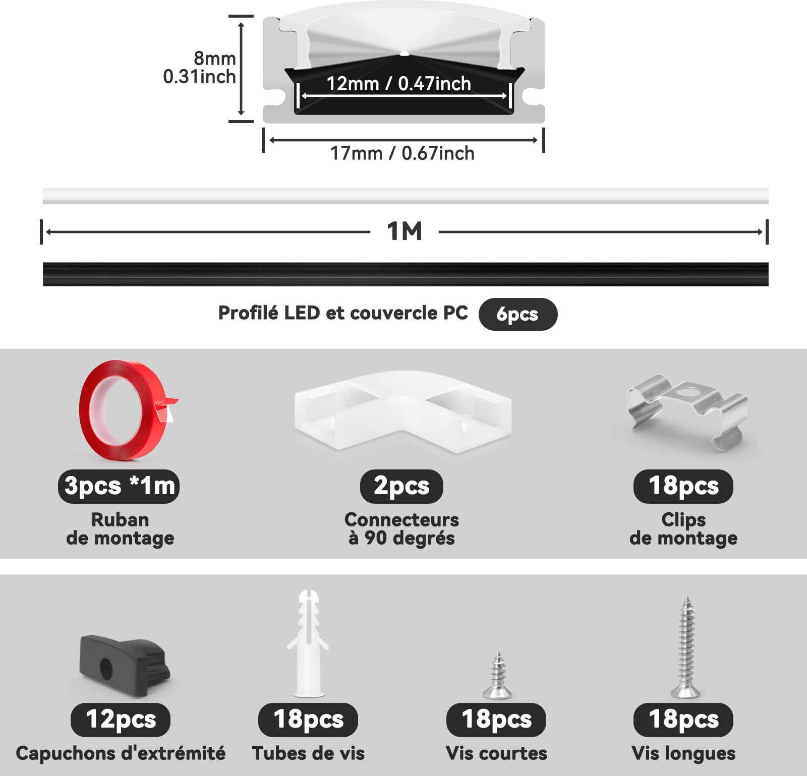 HOMMAND Lot de 6 profilés LED en forme de U de 1 m et diffuseur, bande LED avec connecteur d'angle, colle, embouts et clips de montage, 6 m