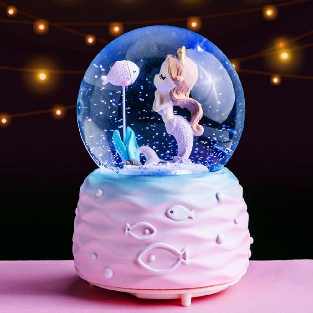 Goodern Mermaid Princess Snow Globes,Luminous Snowglobes with Musical Colorful LED Lights Creative Mini Crystal Ball Tabletop Decoration Cartoon Mermaid Snow Globes Nightlight for Women Kid Girl-Pink