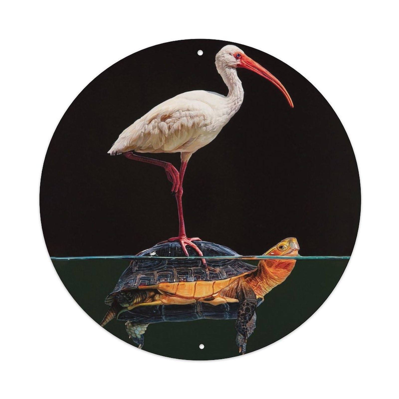 Wildlife Egret And Turtle Vintage Metal Tin Sign Plaque Wall Decor for Cafe, Club, Garden Round Metal Poster 8x8Inch