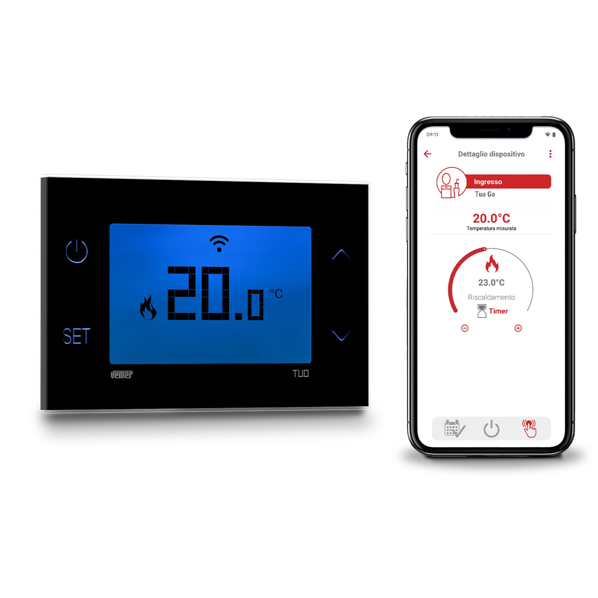 VEMER VE801200 TUO GO WiFi - WLAN Raumthermostat für Heizung, Smart Thermostat mit App, Heizungssteuerung mit Wochenprogramm, Bluetooth Einrichtung, 230V Wandmontage, Schwarz