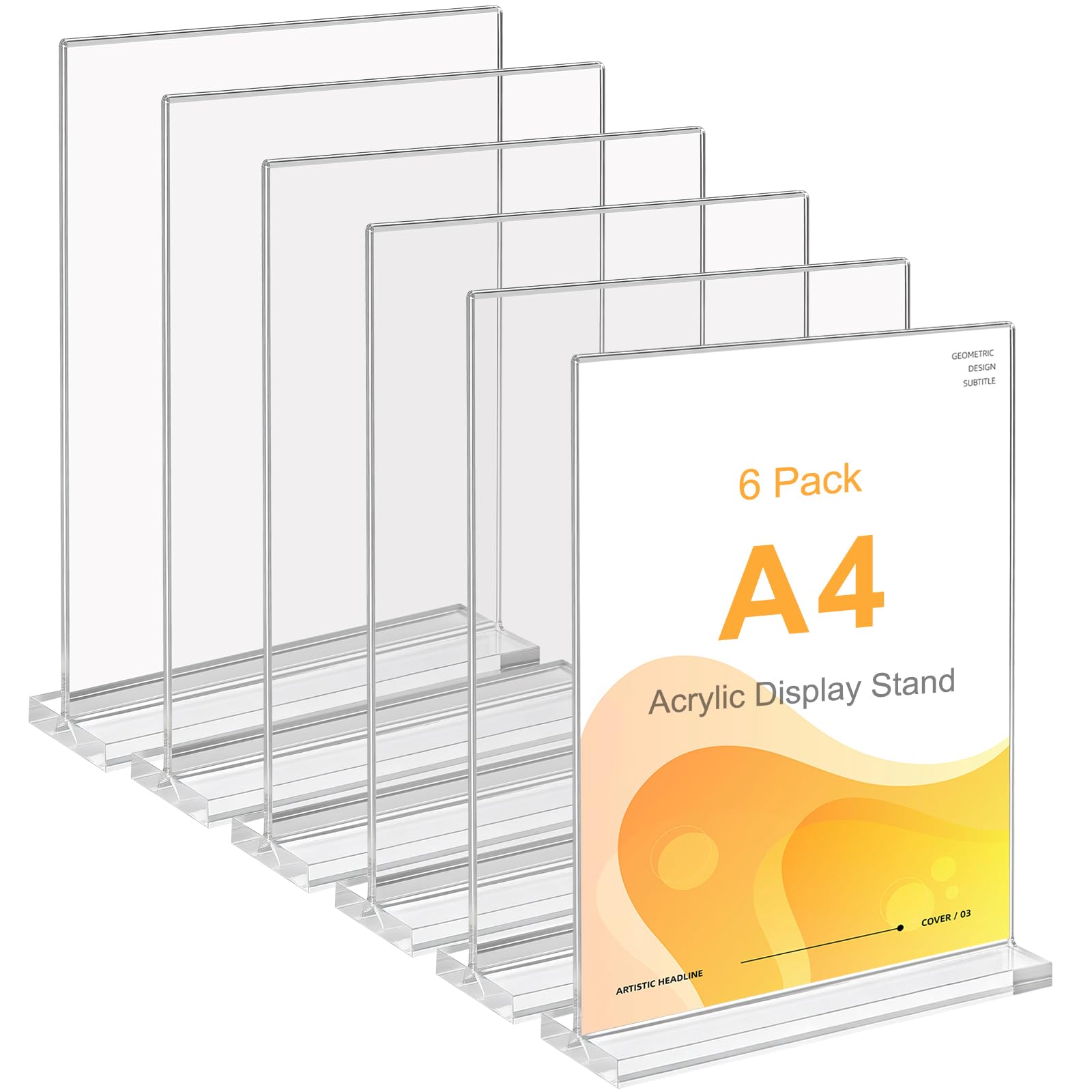 A4 Acrylic Sign Holder 6 Pack, Double Sided T-Shape Acrylic Display Stand, Clear Perspex Poster Menu Holder for Office, Restaurant, Shop, Counter Display