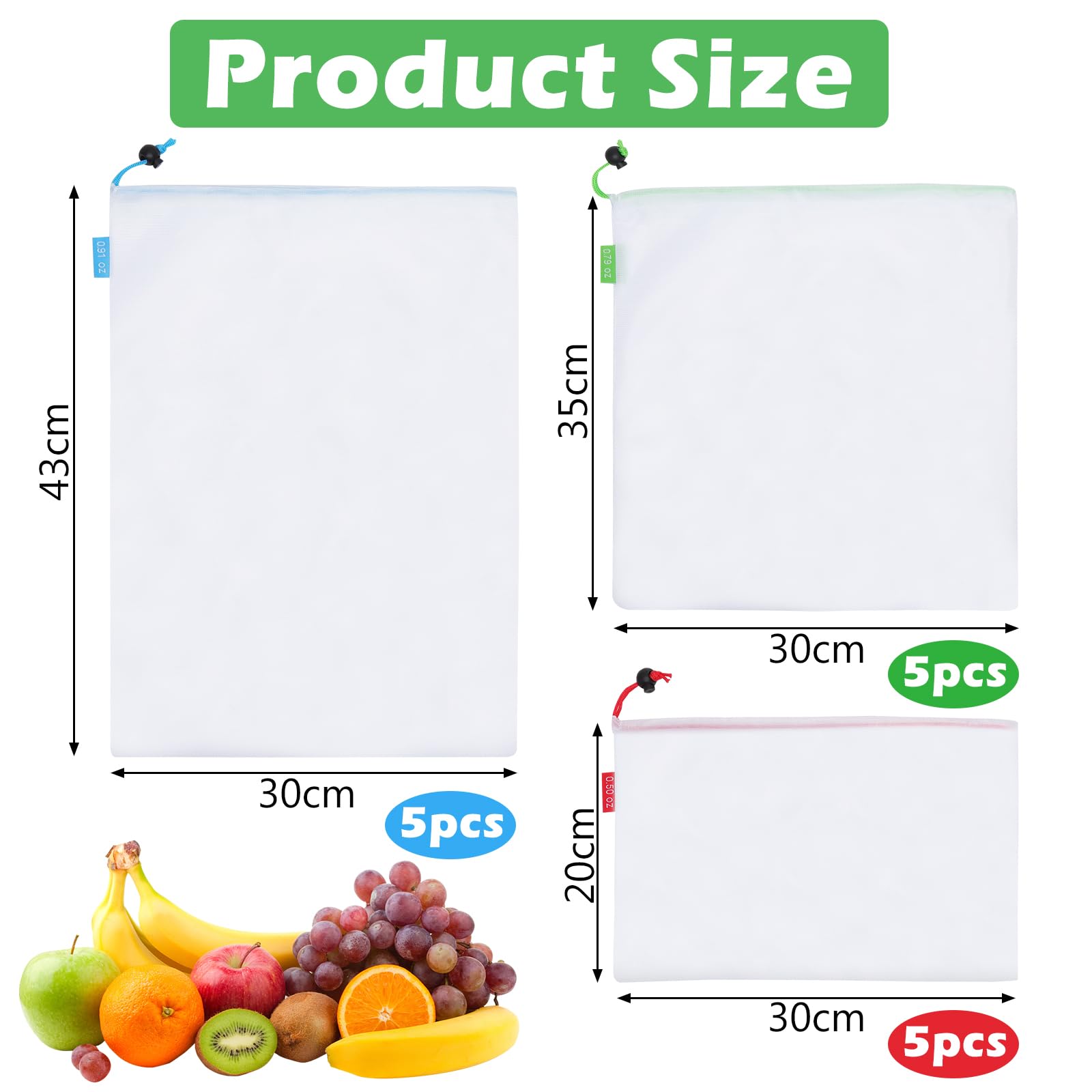 Sacs de Rangement réutilisables en Filet pour Fruits et Légumes avec Cordon de Serrage, 3 Tailles