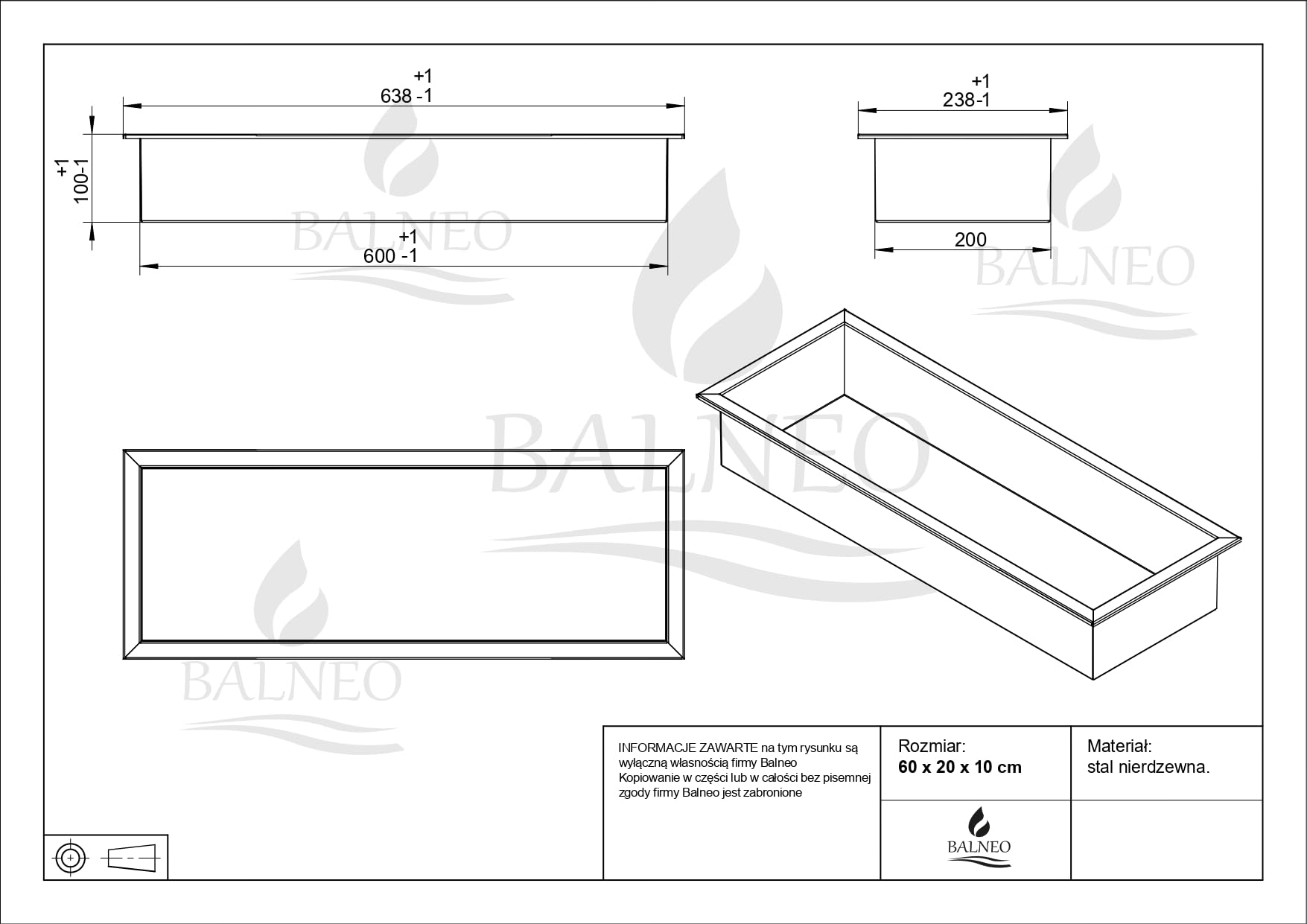 Wall-Box One Duschnische 60 x 20 x 10 cm, Edelstahl AISI 304 | Edelstahl AISI 304, Rahmen 18,7 mm, 1 % Gefälle, 100 % wasserdicht, 10 J. + 2 J. Beschichtung