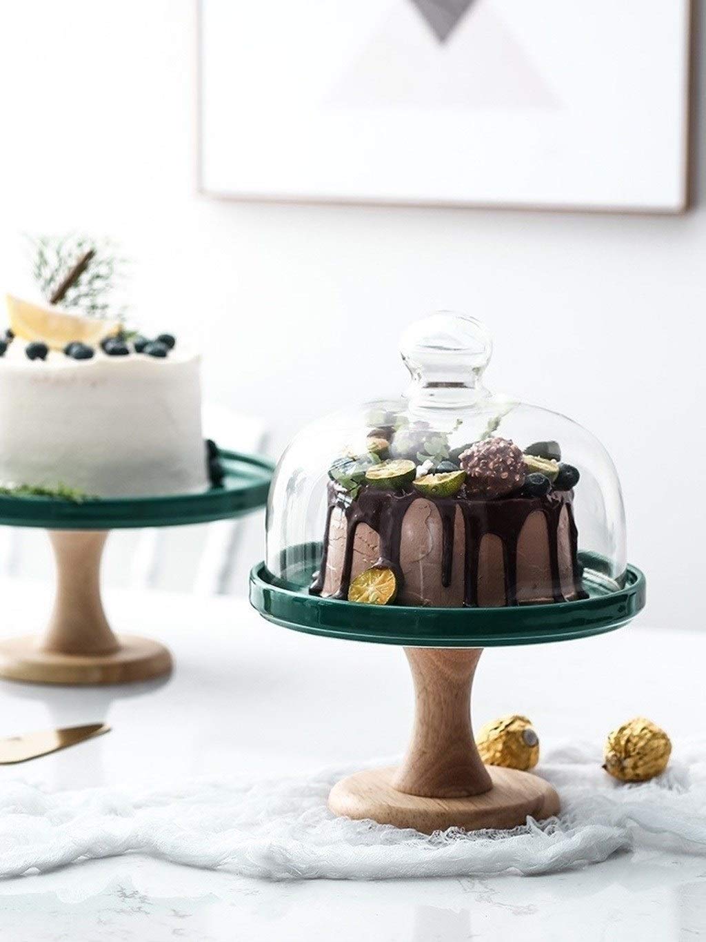 ケーキホルダー セラミックプレート 木製ベース ガラスドーム 透明