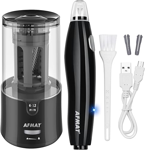 AFMAT Sacapuntas eléctrico y kit de borrador recargable, parada automática, súper afilado y rápido, 140 repuestos de borrador, bueno para dibujar,