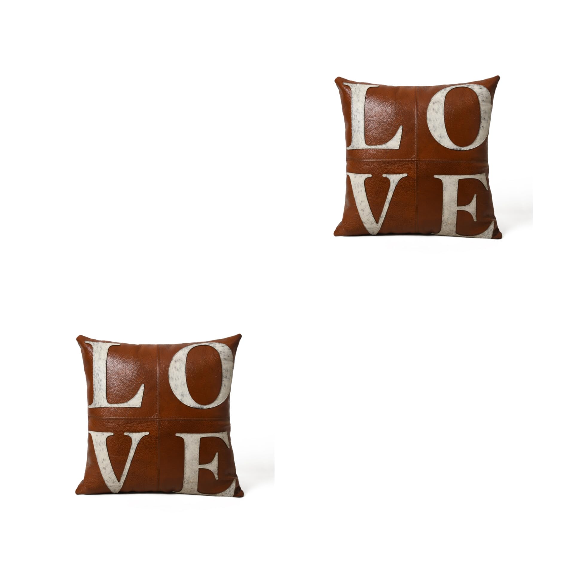 MOUSM Cushion Cover Tan Colour Top Grain Leather with White Hair on with Love Letter Patches on it 18 x 18 inches Square Set of (2)