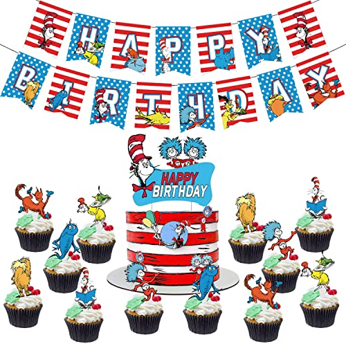 Doctor Seuss Birthday Party Decoration ,With Happy Birthday Banner,Caketoppers,Balloons,Spiral Decorations Party Set, Cat In The Hat Birthday Themed Party Decorations #TOP3