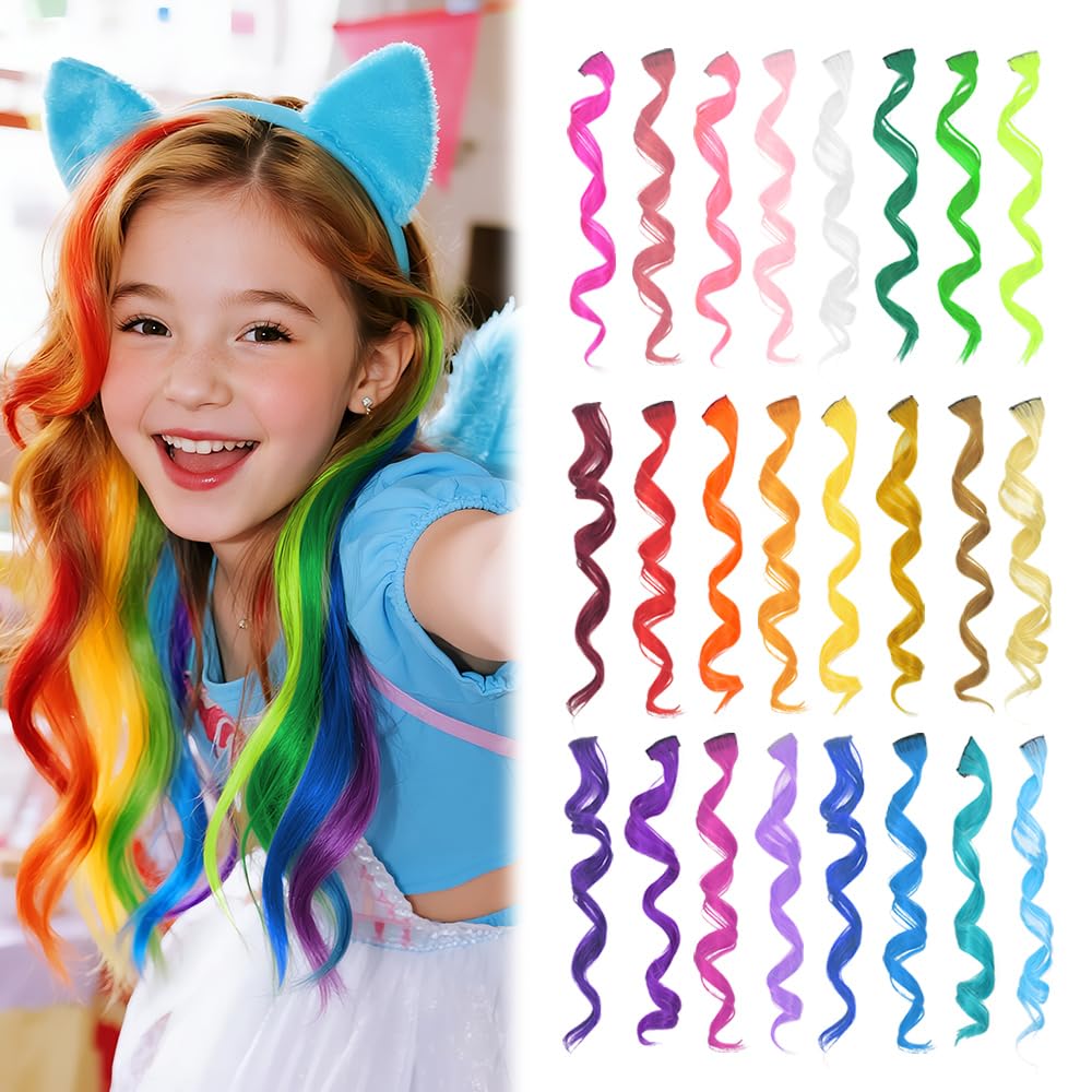 Dreamlover Coloured Hair Extensions for Kids, Rainbow Hair Extensions for Christmas, Cosplay, 24 PCS