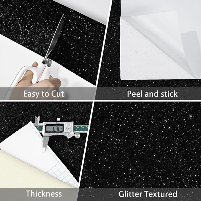 Image of Black Glitter Wallpaper Border Peel and Stick Wall Border Sparkle Black Contact Paper Self Adhesive Removable Glitter Wall Borders for Girls Bedroom Dresser DIY Crafts 4x144 Inch