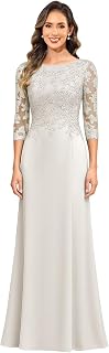 Mother of The Bride Dresses for Women Chiffon Lace Appliques Long Formal Wedding Guest Dress with Sleeves