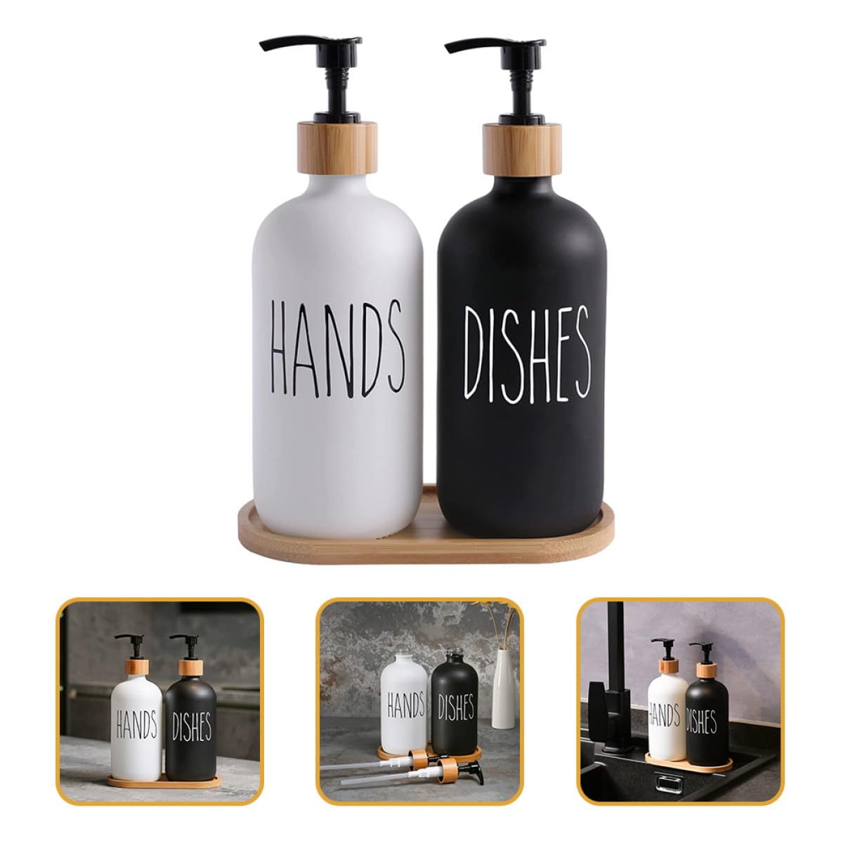 GARVALON Nachfüllbarer Seifenspender Matte Glasflaschen und Holztablett Inkl Pumpspender für Shampoo Conditioner und Flüssigseife Kompakt Langlebig für Bad und Reise