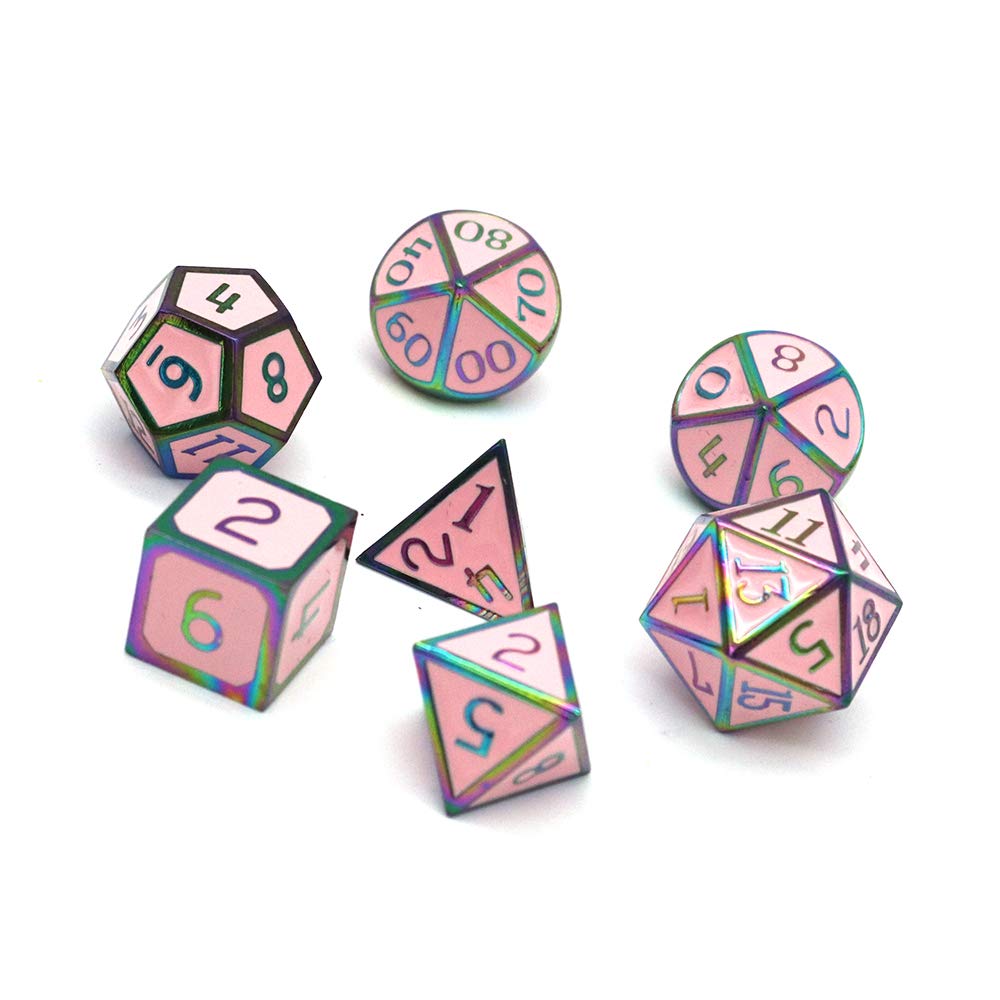 DollaTek 7Pcs Set di Dadi in Metallo Solido DND Gioco di Dadi D&D in Metallo Solido con Custodia e Lega di Zinco con Smalto per Giochi di Ruolo Sotterranei e Draghi(Double Color Mix Red And Green)