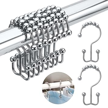 HASTHIP Bathroom Curtain Hooks,Stainless Steel Hook for Curtains,Rust-Resistant Metal Double Hooks Curtain Rings,Rolling Shower Curtain Hooks for Bathroom Shower Curtain Rods Curtains, Set of 10