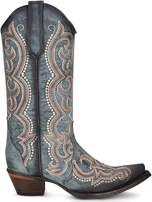 Corral Boots Womens Blue Jean Embroidered Snip Toe Casual Boots Mid Calf Mid Heel 2-3 - Blue