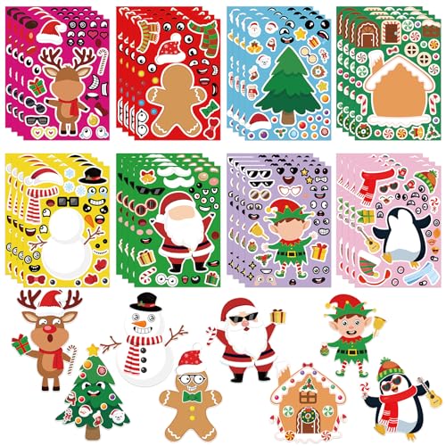 32 Sheets Christmas Stickers, Make Your Own Creative Game Stickers for Kids Christmas Party Favors, DIY Art Crafts Supplies