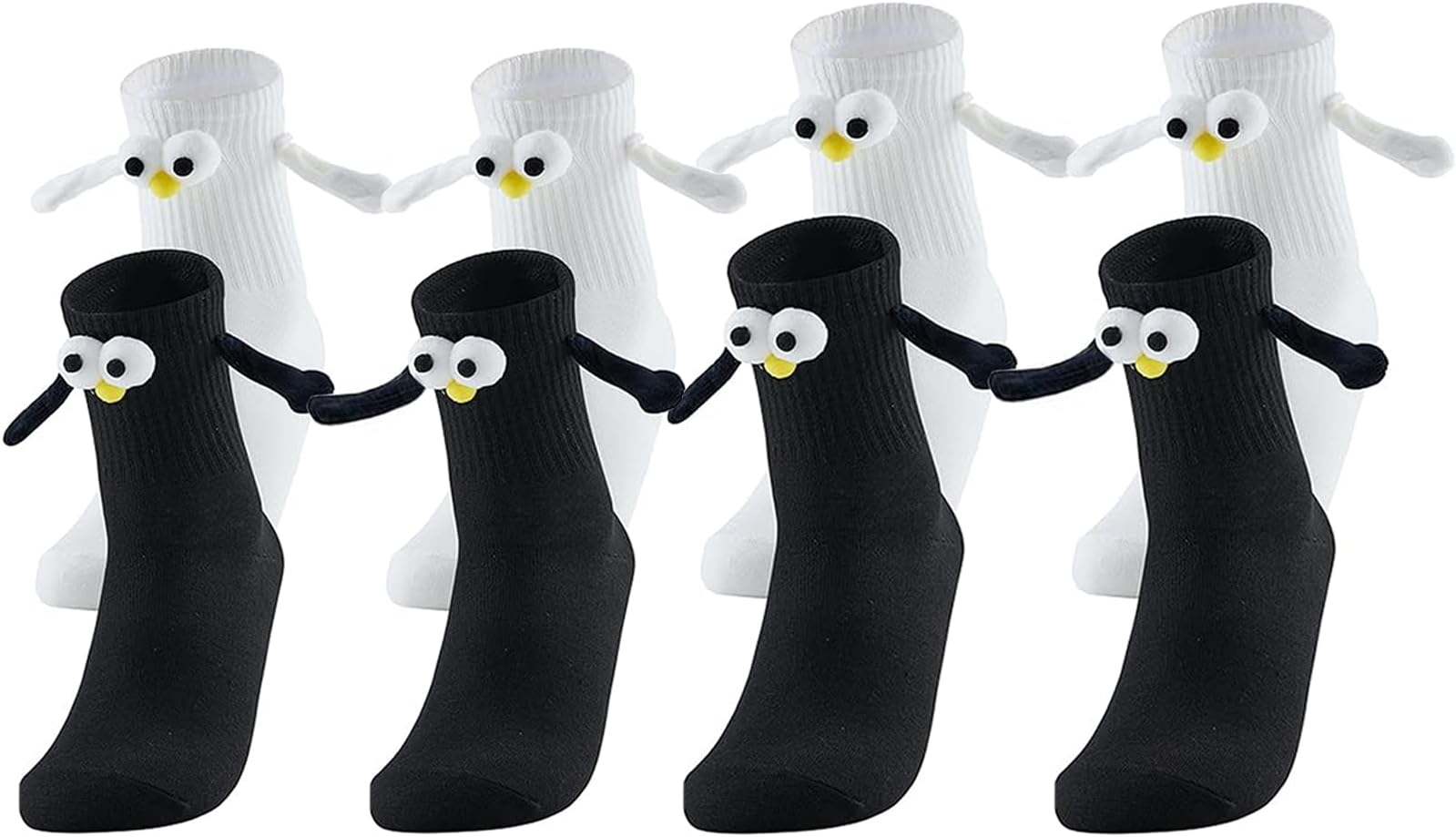 BAOLYBAOLY 4 Pair Hand Holding Socks, Couple Magnetic Holding Hands Socks, Unisex Mid Tube Funny Hand In Hand Adult Friends Socks, Fun Socks for Couples Gifts for Men Women (Black+White)