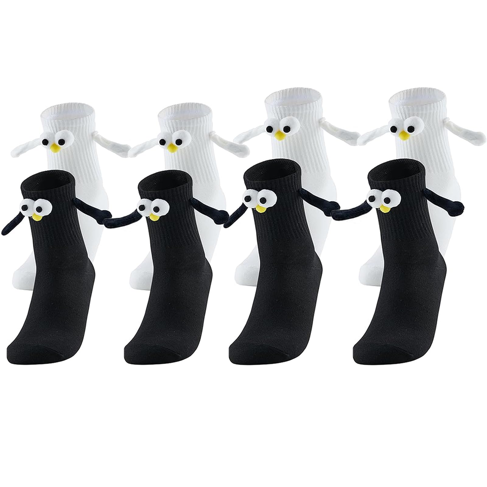 BAOLYBAOLY 4 Pair Hand Holding Socks, Couple Magnetic Holding Hands Socks, Unisex Mid Tube Funny Hand In Hand Adult Friends Socks, Fun Socks for Couples Gifts for Men Women (Black+White)