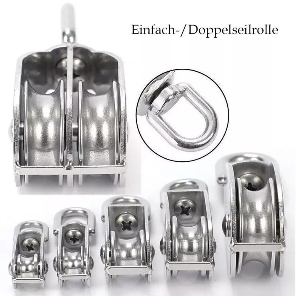 Umlenkrolle für Seile,M15-M100 Edelstahl Rollenrad Seilrolle Einzelner/Doppelrolle U-Nut-Rollenrad,Tragkraft 35-1500kg, Doppel Blockseilrolle Geeignet für Zuhause,Fitnessstudio,Outdoor