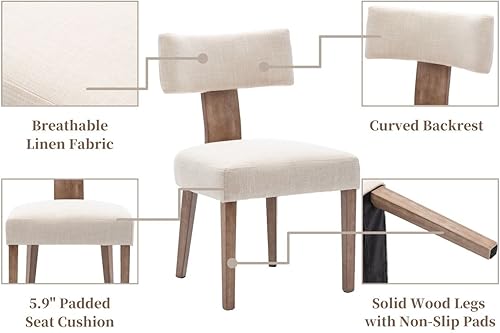 Miniatura 4 de Juego de 6 sillas de comedor modernas, cómodas sillas laterales tapizadas con patas de madera, sillas de comedor de tela de lino con respaldo