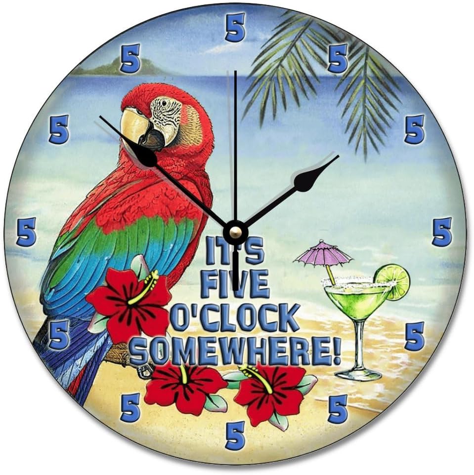 ArogGeld 5 O'Clock Somewhere Clock Parrot Beach 12 Inch Large Wall Clocks Battery Operated Silent Modern Boho Retirement Living Room Decor Gift for Man Woman Friend Anniversary Clock