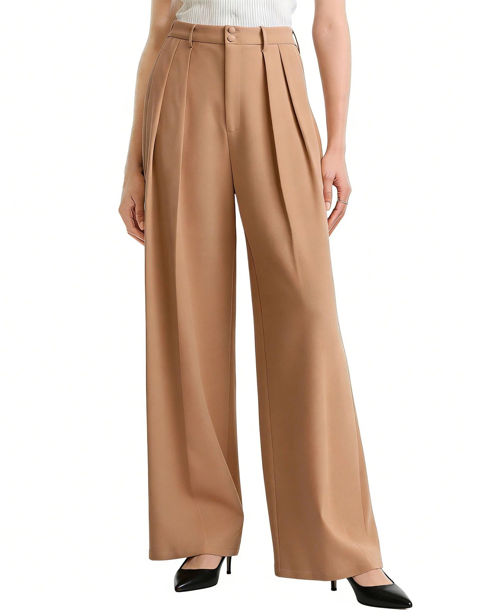 Women Wide Leg Work Pants Long Straight Business Work Trousers Suit Pants High Elastic Waisted in The Back