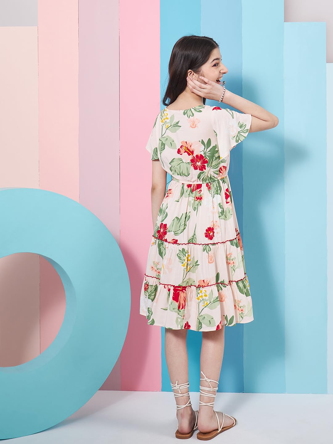 Pspeaches Vestido de manga acampanada con estampado floral para niña, ajuste escalonado y acampanado, ropa casual, elegante y a la moda