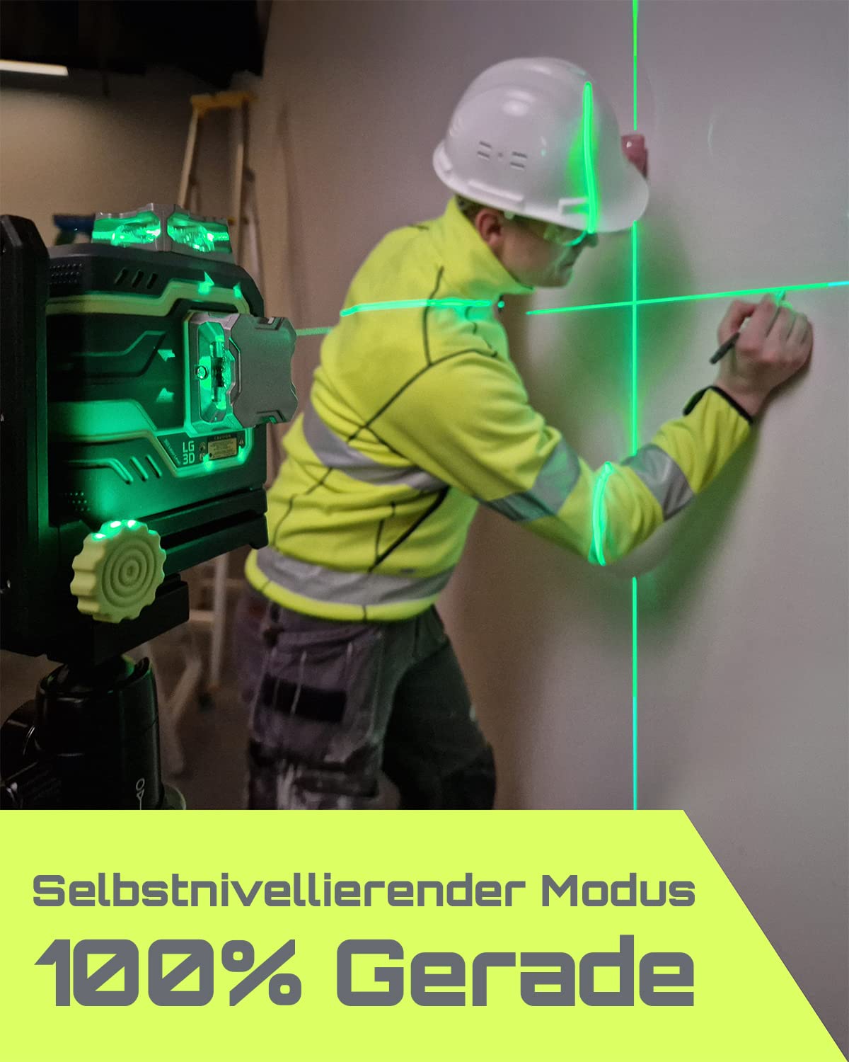 LasGoo LG-3D Linienlaser Selbstnivellierend 3x360°, Kreuzlinienlaser mit grünem Strahl für Konstruktion und Ausrichtung, 2 wiederaufladbare Li-Ion-Akkus (20 Std.), Magnetständer inklusive (Grün)