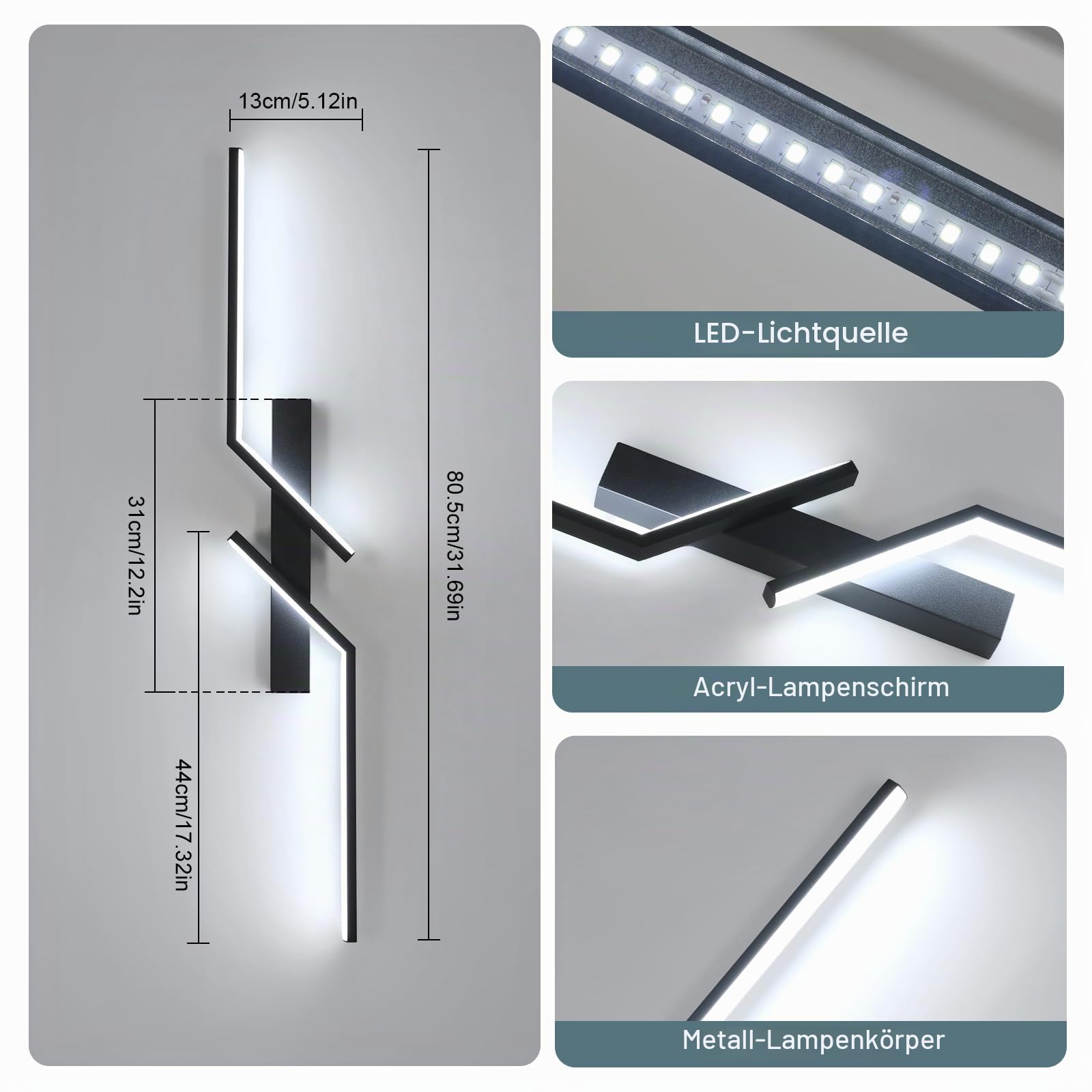 Goeco LED Wandleuchte Innen Modern 81CM 24W 6500K 2700LM, Schwarz | LED Wandlampe Lang 2 Fimmige Kaltweißes Licht, Modern Led Wandlampe Schwarz für Flur Treppenhaus Wohnzimmer Schlafzimmer