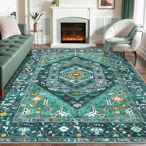 SERISSA Washable 8x10 Area Rugs Teal, Large Non-Slip Boho Living Room Rug, Ultra Soft Print Distressed Vintage Oriental Tribal Farmhouse Carpet for Dining Room Bedroom Dorm Office Home Decor